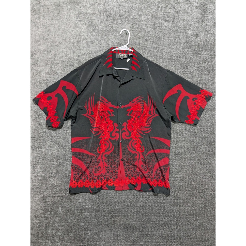 Dragonfly Clothing Company Mens XXL Black Red Dragon Tribal Y2K Button Up Shirt